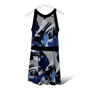 Milly Blue Black Knit Abstract Print‎ Halter Style Sleeveless Mini Dress Large